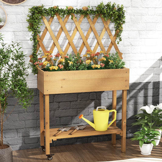 Toolsempire Raised Garden Bed with Trellis, Fir Wood Elevated Planter Bed with Legs, 2 Lockable Wheels & Storage Shelf, Wooden Planter Box Raised Bed for Gardening, Backyard, Balcony & Greenhouse