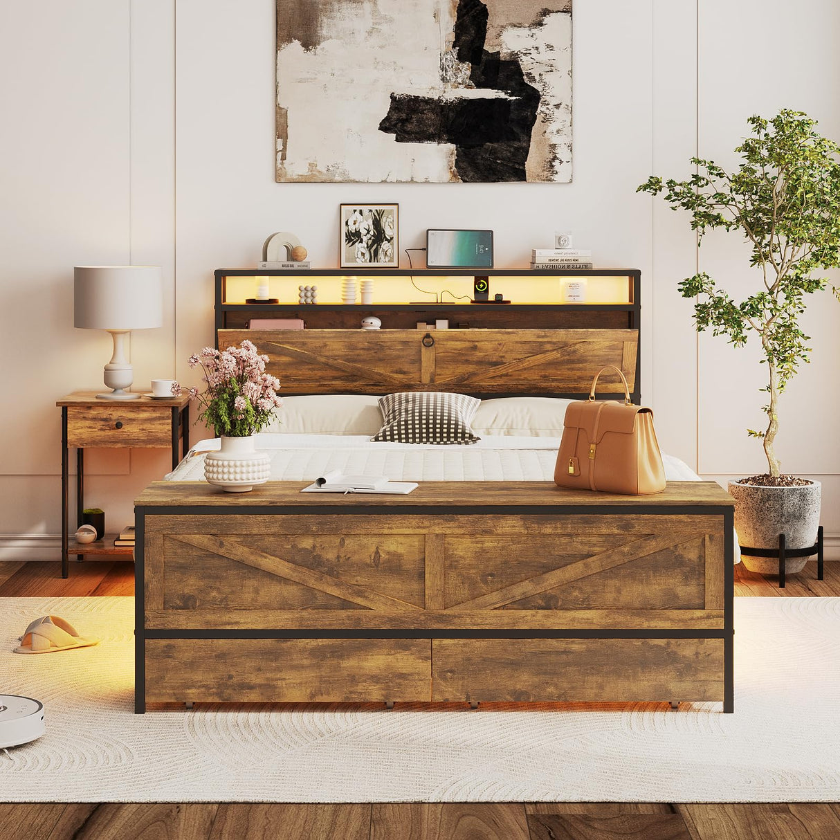 Fameill Full Size Bed Frame with Storage Ottoman and 2 Drawers, Farmhouse Metal Platform Bed with Headboard, LED Lights and Charging Station, No Box Spring Needed, Noise Free, Brown Fameill