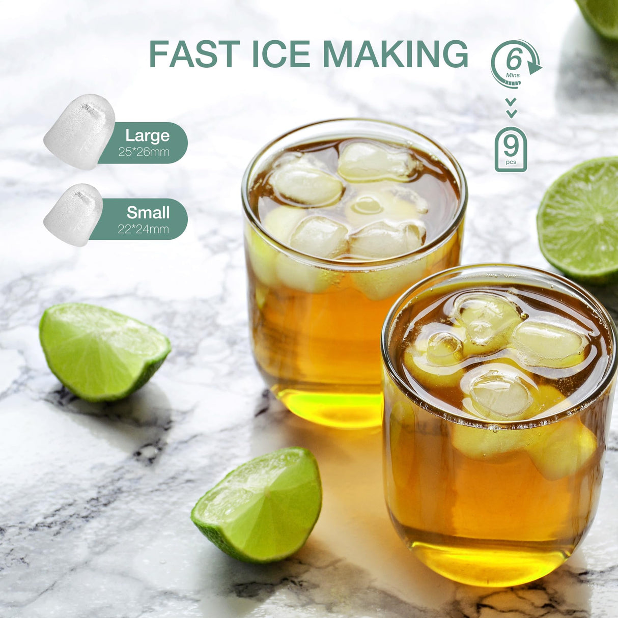 SMUG Countertop Ice Maker, 9 Cubes in 6 Mins, 26lbs in 24Hrs, 2 Sizes of Bullet Ice, Auto-Cleaning, Portable Ice Machine with Handle, Basket and Scoop for Home Kitchen, Party and Camping (Green) SMUG