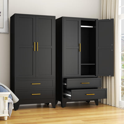 GAIOUS Steel Armoire Wardrobe Closet, 71" Metal Clothing Storage Cabinets with 2 Doors, 1 Adjustable Shelf and 2 Drawers, Metal Wardrobe Cabinet with Hanging Rod for Bedroom, Gym, Cloak Room (Black)