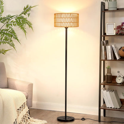 Rattan Floor Lamps for Living Room, Rattan Boho Floor Lamp, Black Metal Floor Lamp with LED Bulb, Rattan Fabric Double Shades, Farmhouse Rustic Floor Lamp, Standing Lamp for Living Room Bedro - WoodArtSupply