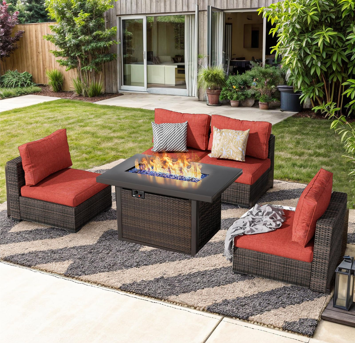 Outdoor Sectional Furniture, 5 Piece Patio Furniture Set with 42-inch Fire Wicker Propane Fire Pit Table - All Weather Wicker Rattan Couch Sofa Conversation Set for Backyard Lawn Poolside Deck, Red Grezone