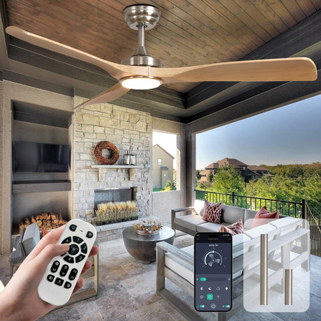 BvenuBigLite Outdoor Ceiling Fan with Light: 52 Inch 3 Blade Outdoor Fans for Patios - Modern Wood Ceiling Fan with Dimmable Light Remote APP Control Ultra Quiet Reversible DC Motor Timer BvenuBigLite