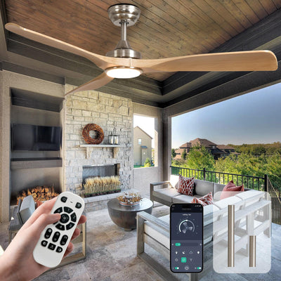 BvenuBigLite Outdoor Ceiling Fan with Light: 52 Inch 3 Blade Outdoor Fans for Patios - Modern Wood Ceiling Fan with Dimmable Light Remote APP Control Ultra Quiet Reversible DC Motor Timer