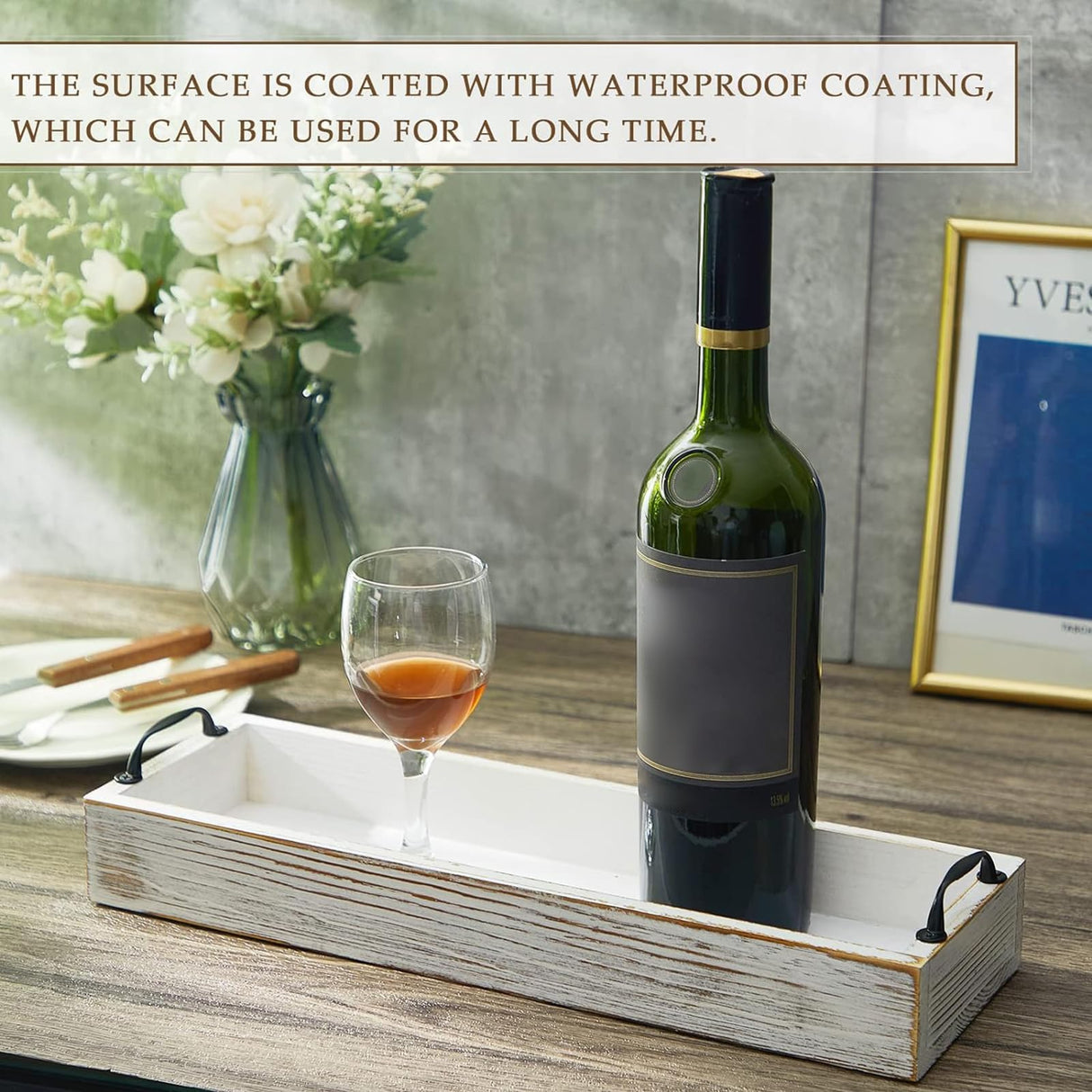 2 Pack Rustic Wooden Serving Trays Rustic Wooden Long Serving Trays with Handle Rectangular Ottoman Tray for Home Room Coffee Table Farmhouse Serving Decoration (Whitewashed) Maitys