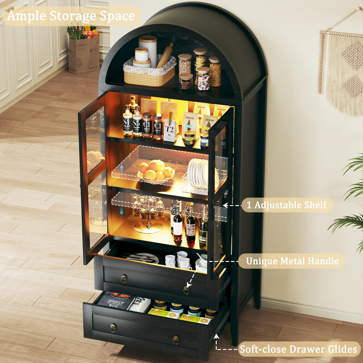HUAHUU 71" Tall Kitchen Pantry Cabinet, Arched Cabinet with LED Lights, Kitchen Storage Cabinets with 2 Large Drawers & Adjustable Shelves & Glass Door for Living Room, Dining Room, Black HUAHUU