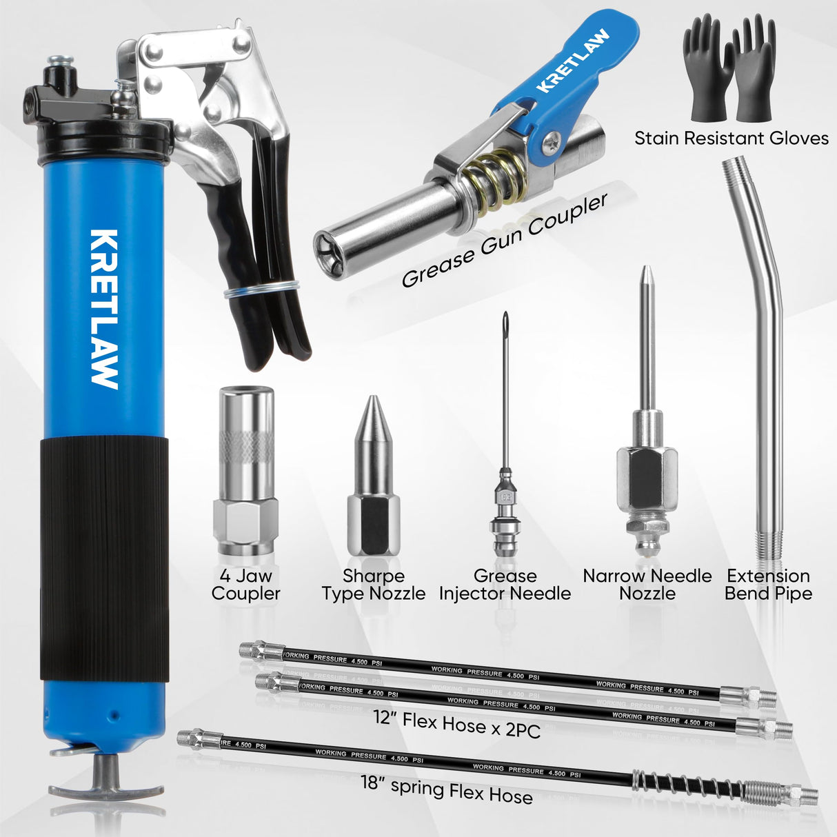 KRETLAW Grease Gun, 7000 PSI Heavy Duty Professional Pistol Grip Grease Gun Kit with Double Grease Injector Needle and 18" & 2pc 12" Flex Hose,14oz KRETLAW