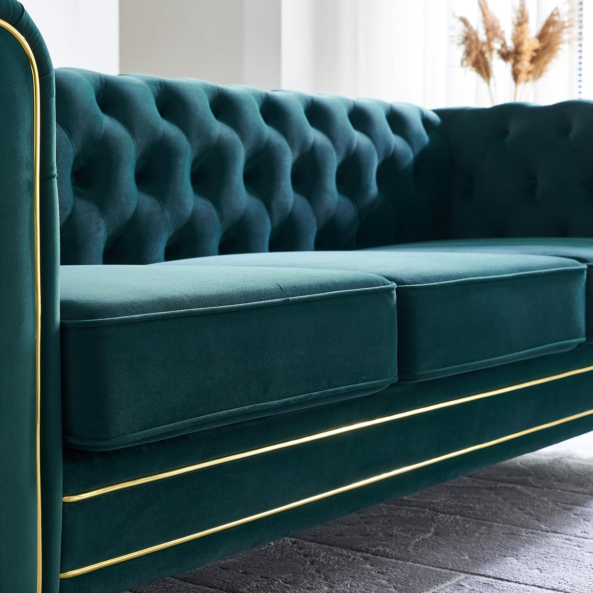 Homtique 84" Modern Green Velvet Chesterfield Sofa, 3-Seater, Button Tufted, Rolled Arms, Gold Legs Homtique