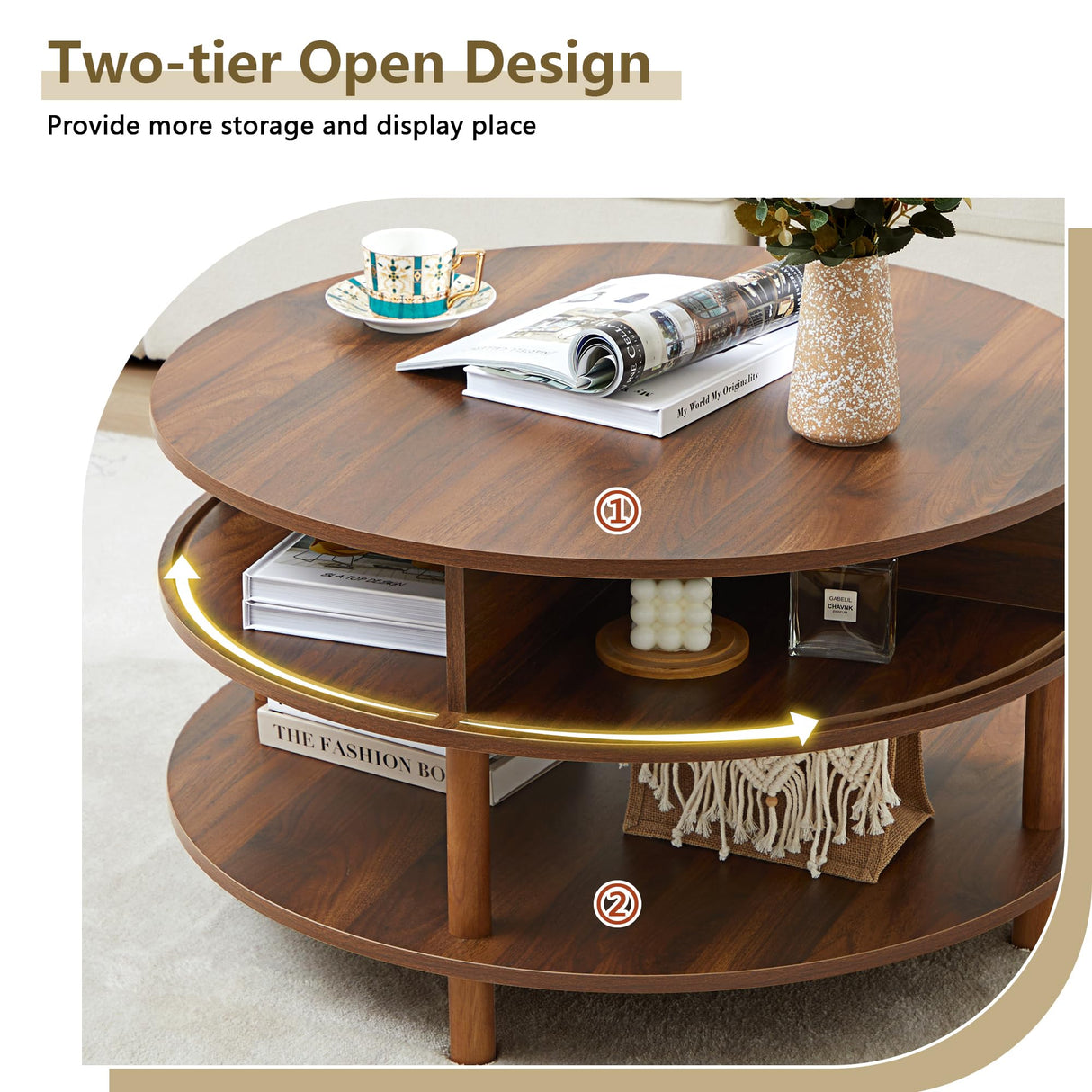 XUZENEST 31.5” Round Coffee Table with Storage, Mid Century Modern 2 Tier Coffee Table with Tambour Sliding Door, Solid Wood Legs Fluted Center Table for Living Room Home Office Small Space, Walnut XUZENEST