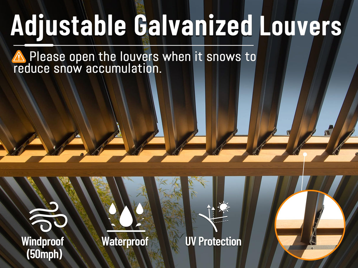 Domi Louvered Pergola 10X20FT, Wood Grain Aluminum Pergola with Adjustable Roof, Wood Looking Aluminum Frame, Efficient Drainage System, Outdoor Pergola for Patio, Deck, Garden domi outdoor living