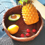 AMOLOLO Handmade Rattan Round Fruit Basket Food Storage Bowls Kitchen Organizer Snack Serving Bowl 10 Inch Wavy Edge Circle Tray Basket with 3” Deep Wall, Dark Brown Décor Display Tray Bowl, M amololo