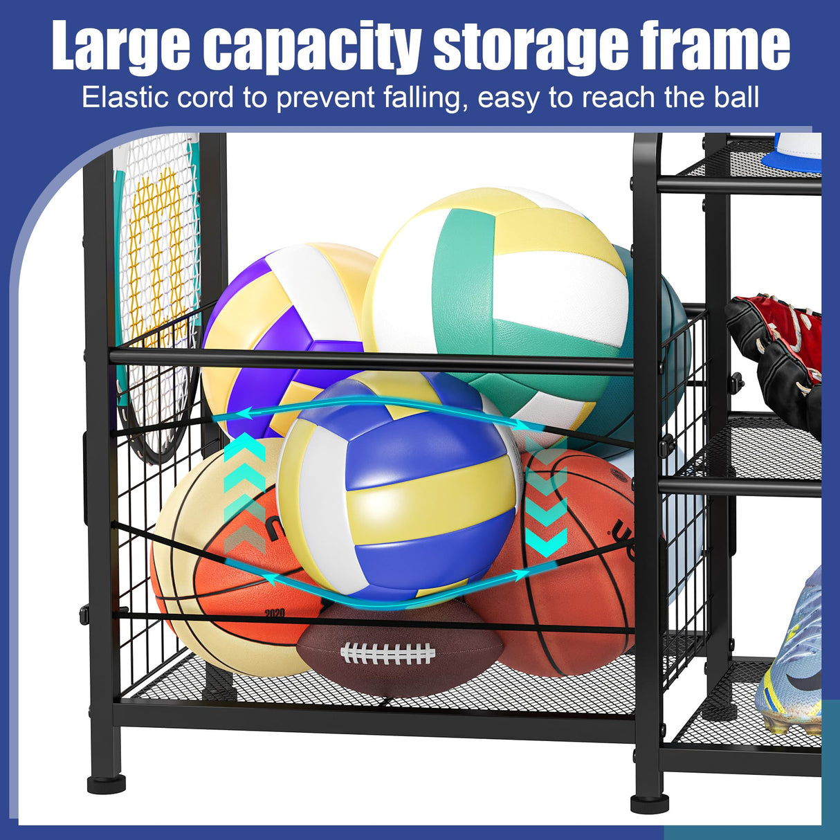 Sports Equipment Organizer Golf Bag Stand Golf Storage Organizer for Garage with Basket and Hooks, Storage Rack for 2 Golf Bag,Two Assembly Methods Sonyabecca