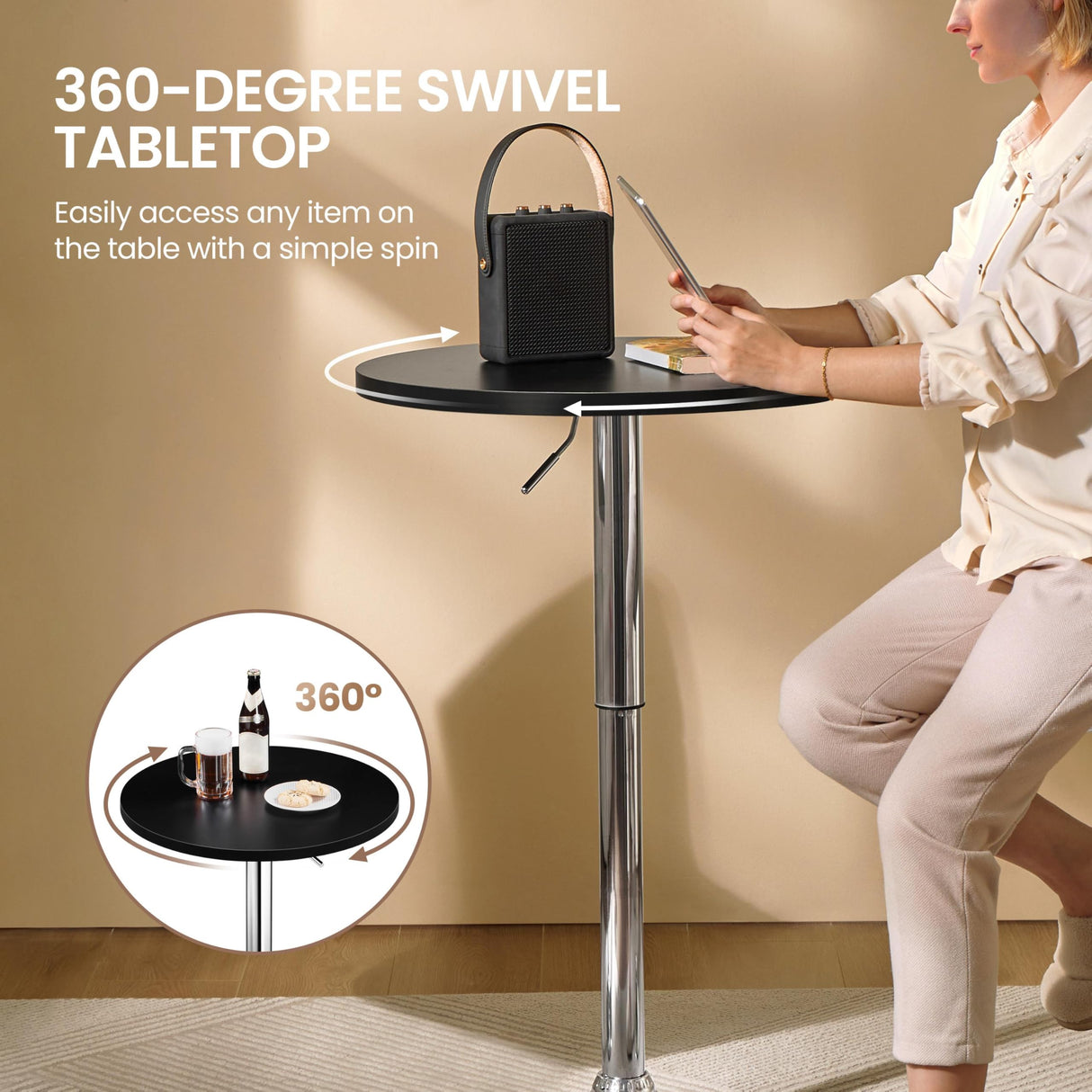 Yaheetech Round Bar Table, Adjustable Height and 360° Swivel Pub Tables, Cocktail Table with MDF Top, Silver Leg Base for Bar, Bistro, Café, Black Yaheetech