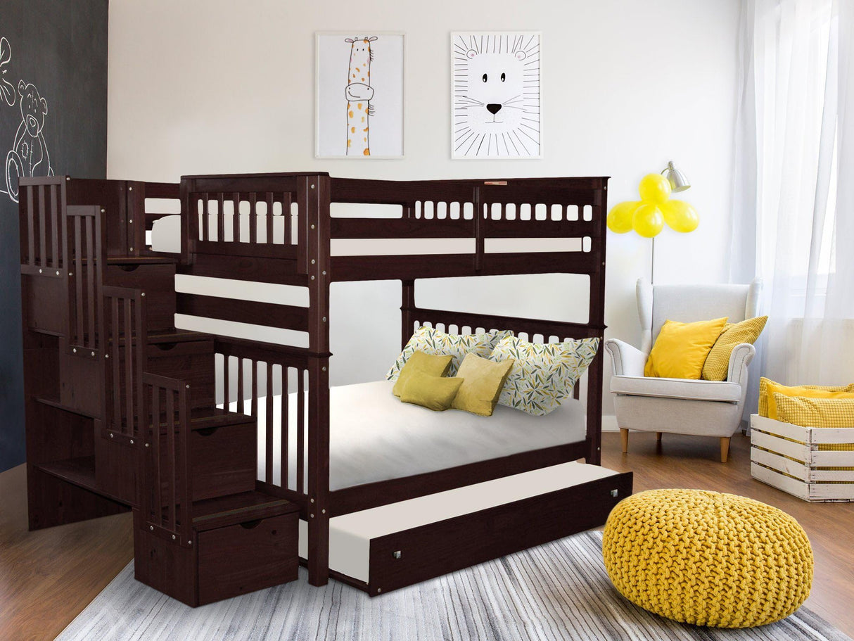 Bedz King Stairway Bunk Beds Full Over Full with 4 Drawers in The Steps and a Full Trundle, Dark Cherry Bedz King