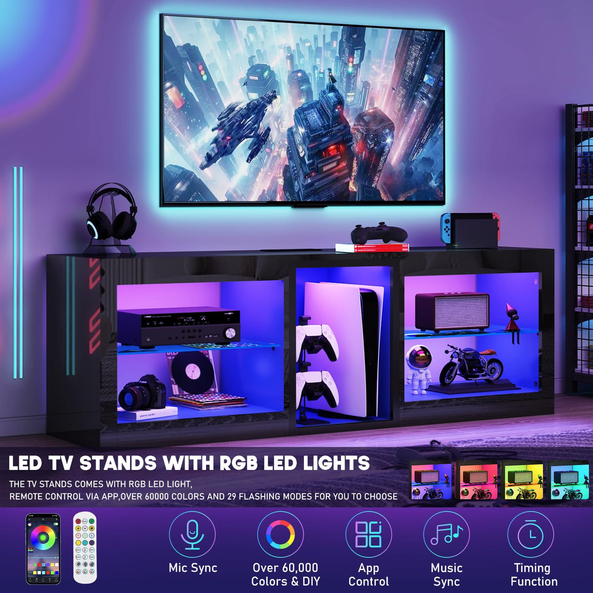 chartustriable LED TV Stands W/Power Outlet for 50 55 60 65 70Inch TV,Black Entertainment Center W/70000-Colors Lights,High Gloss LED TV Console w/Adjustable Glass Shelves for Living Room Gameroom chartustriable