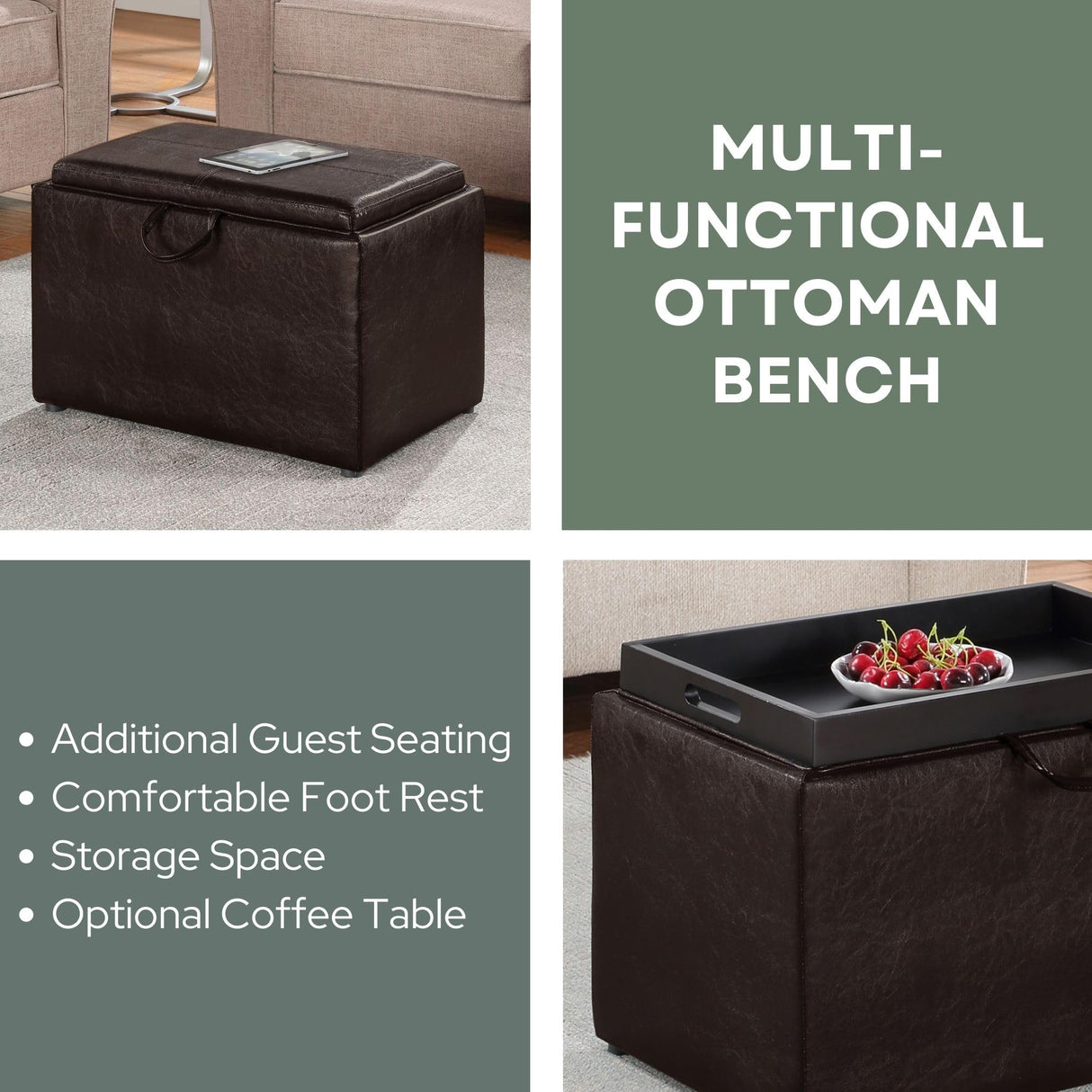 Convenience Concepts Designs4Comfort Accent Storage Ottoman 22.75" - Modern Foot Stool with Decorative Tray for Living Room, Dining Room, Office, Den, Espresso Faux Leather Convenience Concepts