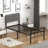 EMODA 16 Inch Twin Size Bed Frames with Upholstered Headboard and Metal Footboard, Heavy Duty Metal Slats Support Mattress Foundation, No Box Spring Needed, Easy Assembly EMODA