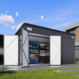 BinpLax 434 cu.ft Shed 12x7.4 Ft Premium Galvanized Steel Storage Sheds with Triple Doors Weatherproof Outdoor Utility Sheds, Dual Lock Lean to Shed for Mower, Bike, Generator, Garden Tools (Black) BinpLax