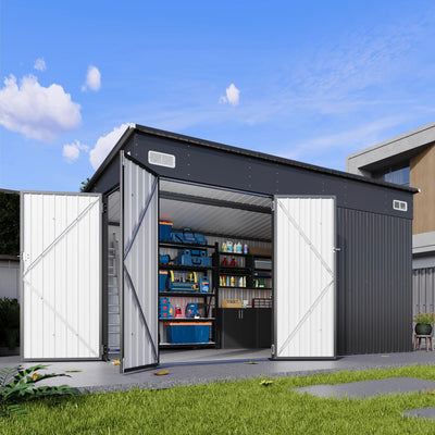 BinpLax 434 cu.ft Shed 12x7.4 Ft Premium Galvanized Steel Storage Sheds with Triple Doors Weatherproof Outdoor Utility Sheds, Dual Lock Lean to Shed for Mower, Bike, Generator, Garden Tools (Black)