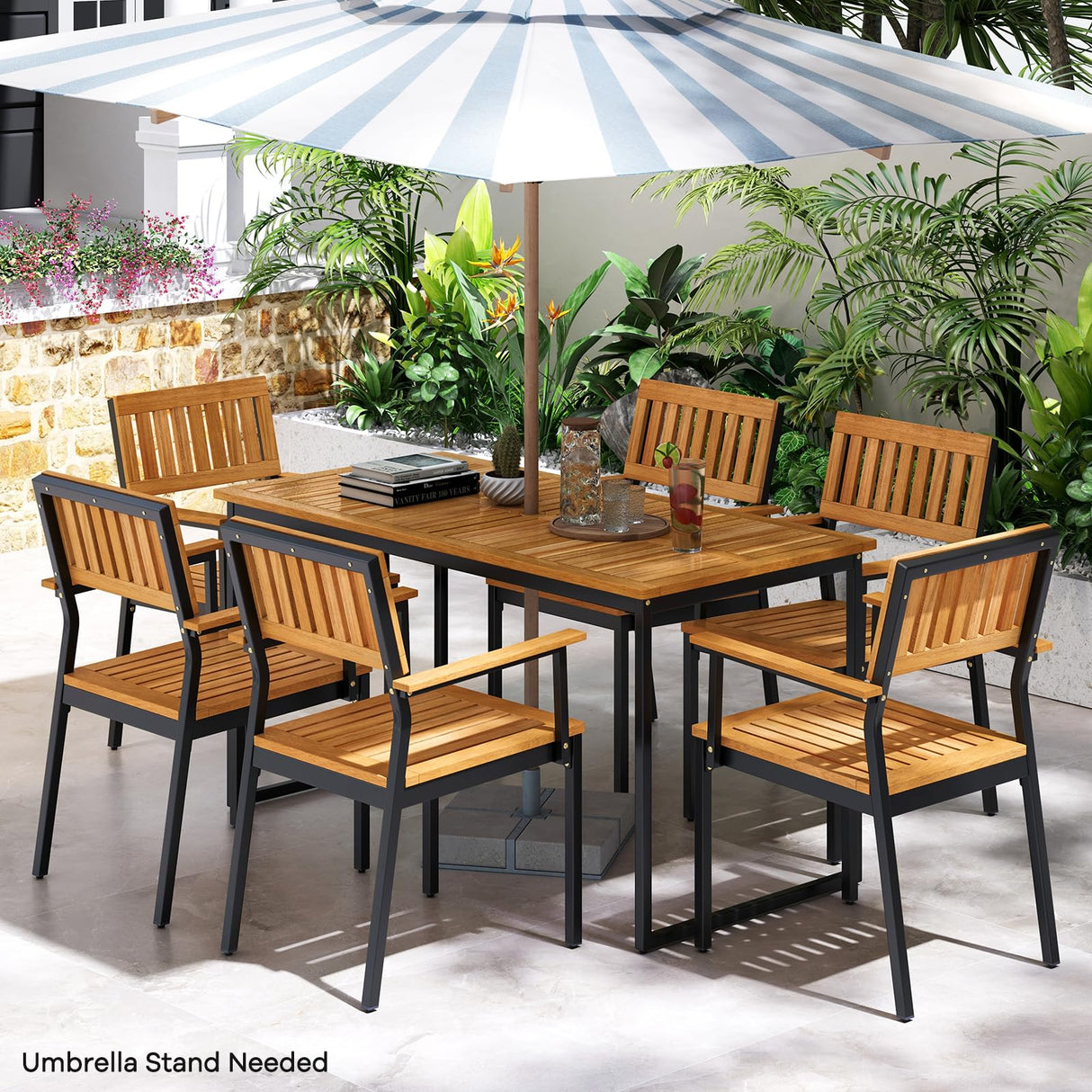Tangkula 7 Piece Outdoor Dining Set for 6, Acacia Wood Rectangular Dining Table & 6 Armchairs w/Metal Frame, Umbrella Hole, Farmhouse Dining Furniture Set for Garden Porch Poolside Yard Tangkula