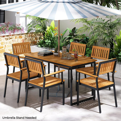 Tangkula 7 Piece Outdoor Dining Set for 6, Acacia Wood Rectangular Dining Table & 6 Armchairs w/Metal Frame, Umbrella Hole, Farmhouse Dining Furniture Set for Garden Porch Poolside Yard Tangkula