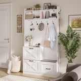 Maupvit Entryway Hall Tree with Bench and Shoe Storage, 5-in-1 Narrow Hall Tree with LED Light, Cushioned Stool & 9 Hooks, 2 Flip Drawers, 78" Coat Shoe Rack for Mudroom, Hallway, Living Room, White Maupvit