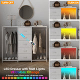 Espelism Dresser for Bedroom with Clothes Rack 5 Drawer Dresser with Charging Station LED Lights White Chest of Drawers Flexible Shelf and Open Storage Space for Bedroom Living Room (White) Espelism