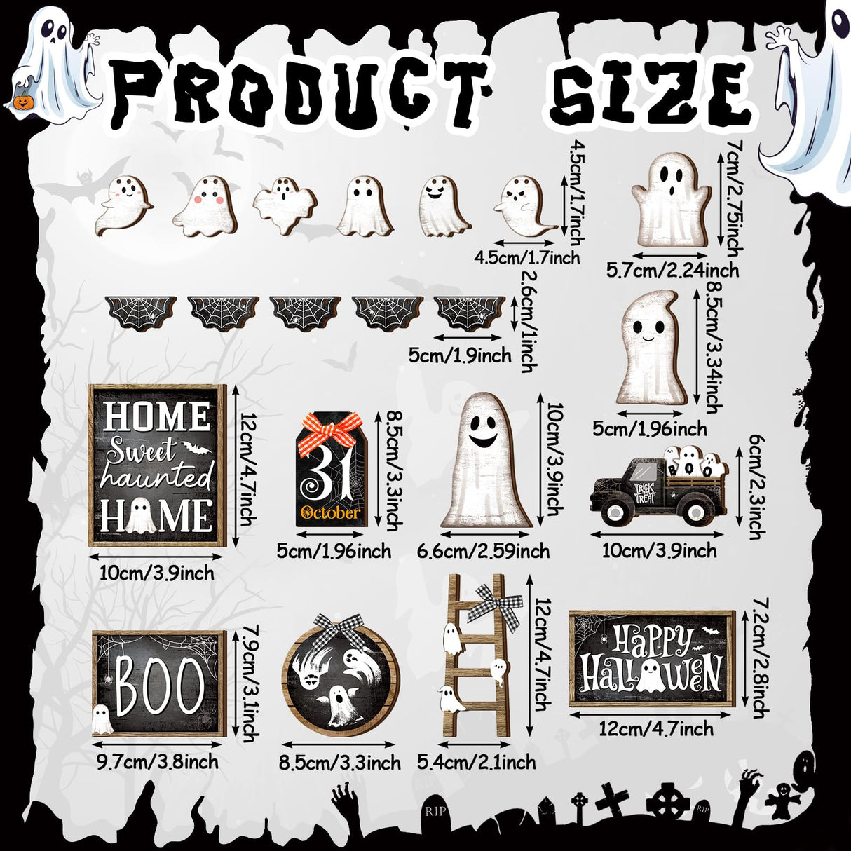 MiniInflat 21 Pcs Halloween Tiered Tray Decor Set Happy Halloween Wooden Signs Rustic Table Centerpieces Farmhouse Tiered Tray Decor for Halloween Home Table Kitchen, Tray Not Included(Ghost) MiniInflat