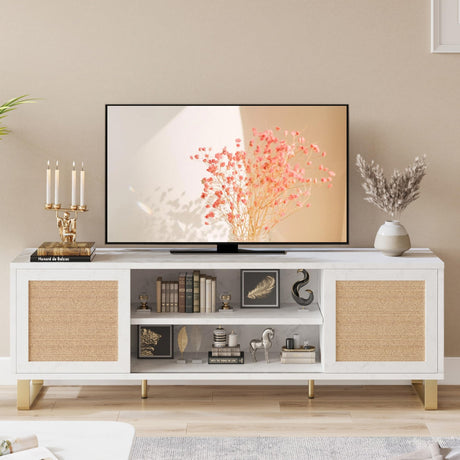 IDEALHOUSE Rattan TV Stand 66 Inch, White Entertainment Center Modern TV Console Table with Storage, Doors and Shelves, Media Cabinet Furniture for Living Room Bedroom IDEALHOUSE