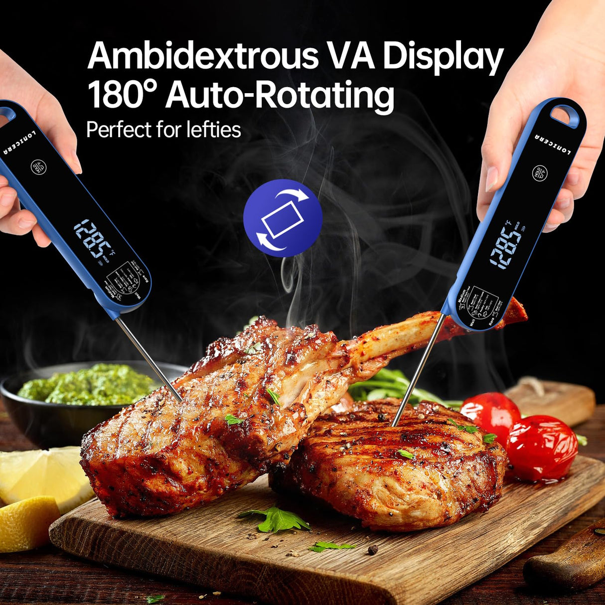 Lonicera Professional Meat Thermometer for Cooking. Instant Read Less Than 0.6 Sec, ±0.5℉ Accuracy with Thermocouple Tech. IP67 Waterproof Design, Ambidextrous VA Display, Auto Wake up (Blueberry) LONICERA