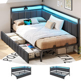 DICTAC Twin Size Bed Frame with 2 Storage Drawers & Charging Station twin Platform Corner Bed Frame with Led Lights Twin Daybed With Upholstered Guardrail for Living Room, Bedroom and Guest Room, Gray DICTAC