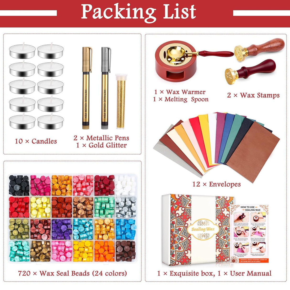 Paxcoo Sealing Wax Kit with Wax Seal Beads, Stamp, Warmer, Spoon, Envelopes for Letter Sealing PAXCOO