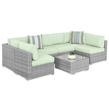 Best Choice Products 7-Piece Modular Outdoor Sectional Wicker Patio Conversation Set w/ 2 Pillows, Coffee Table, Cover Included - Gray/Light Mint Best Choice Products