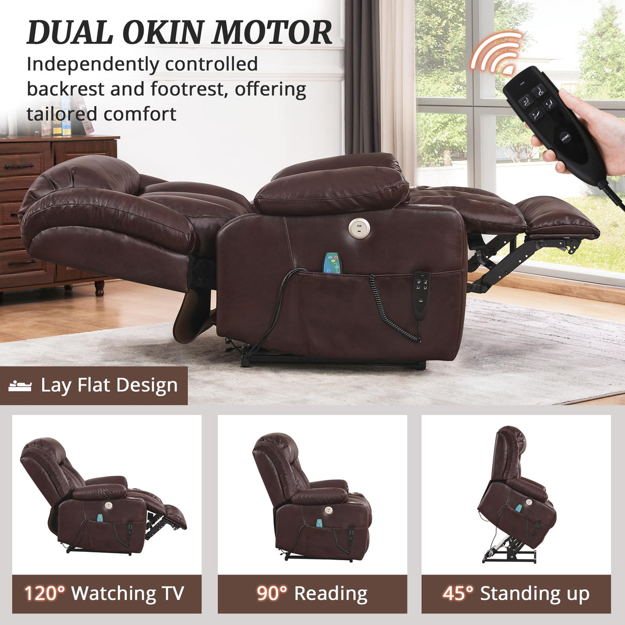 Cozyman Dual Motor Power Lift Recliner Chair for Elderly, Oversized Recliner Chair for Adults, Lift Recliner Chair with Heat and Massage, Infinite Position, USB Ports, Faux Leather, Dark Brown Cozyman