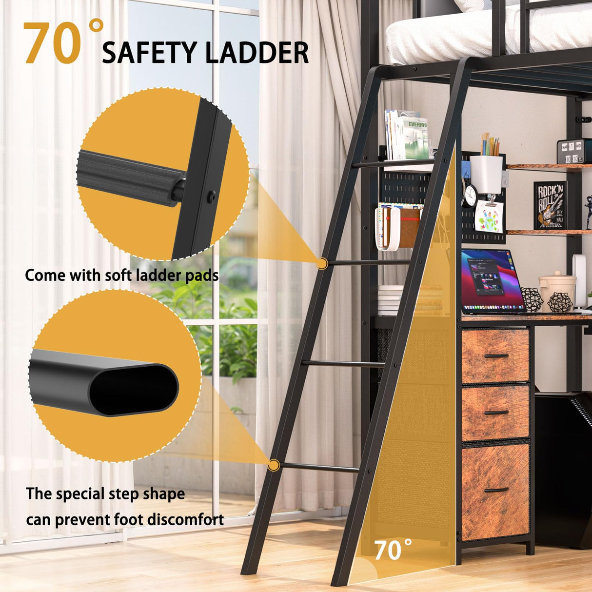 YOEEMZ Loft Bed Twin Size with L-Shaped Desk, LED Lights, Charging Station, Metal Loft Bed Frame with Storage Shelves, Pegboards and 3 Drawers, High Safety Guard, Widened Ladder, No Box Spring Needed YOEEMZ