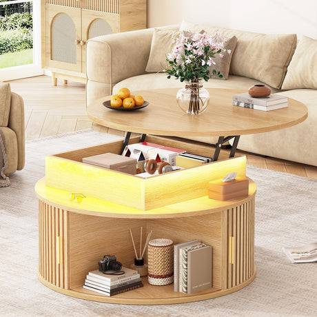 Itaar 31.5" Lift Top Coffee Table, 3-Tier Round Coffee Table with Storage, Fluted Coffee Tables for Living Room with Sliding Cabinet Door, LED Center Table, Natural Oak Itaar