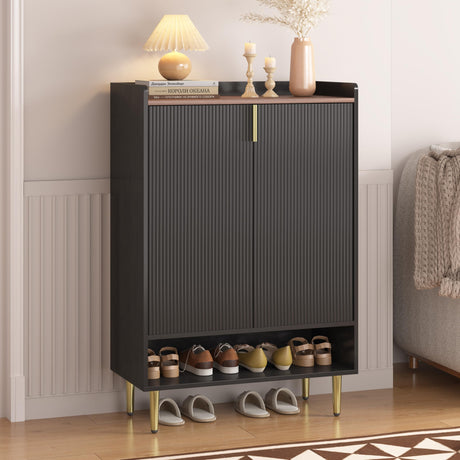 ZOSQUARE Modern Shoe Cabinet with Fluted Doors, 45'' Shoe Storage Cabinet with 4 Adjustable Shelves and Open Shelf, Tall Shoe Organizer Cabinet for Entryway (Black) ZOSQUARE