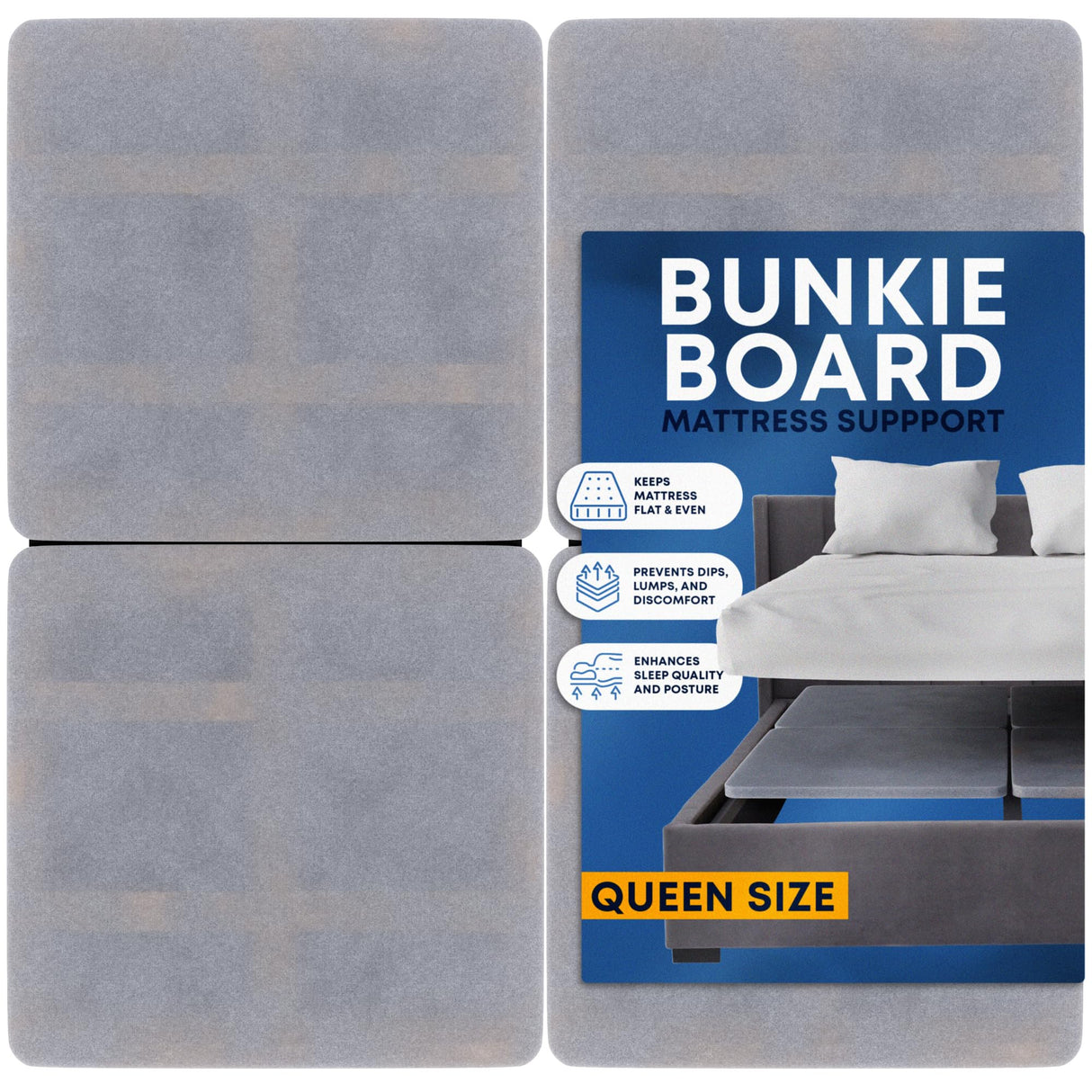 Greaton, Premium 38mm Split Wood Bunkie Board for Queen Size Bed - 4-Piece Under Mattress Support Board, Fully Assembled, Fabric Ventilation Cover - Replaces Wooden Slats or Box Spring for Bed Frames Greaton