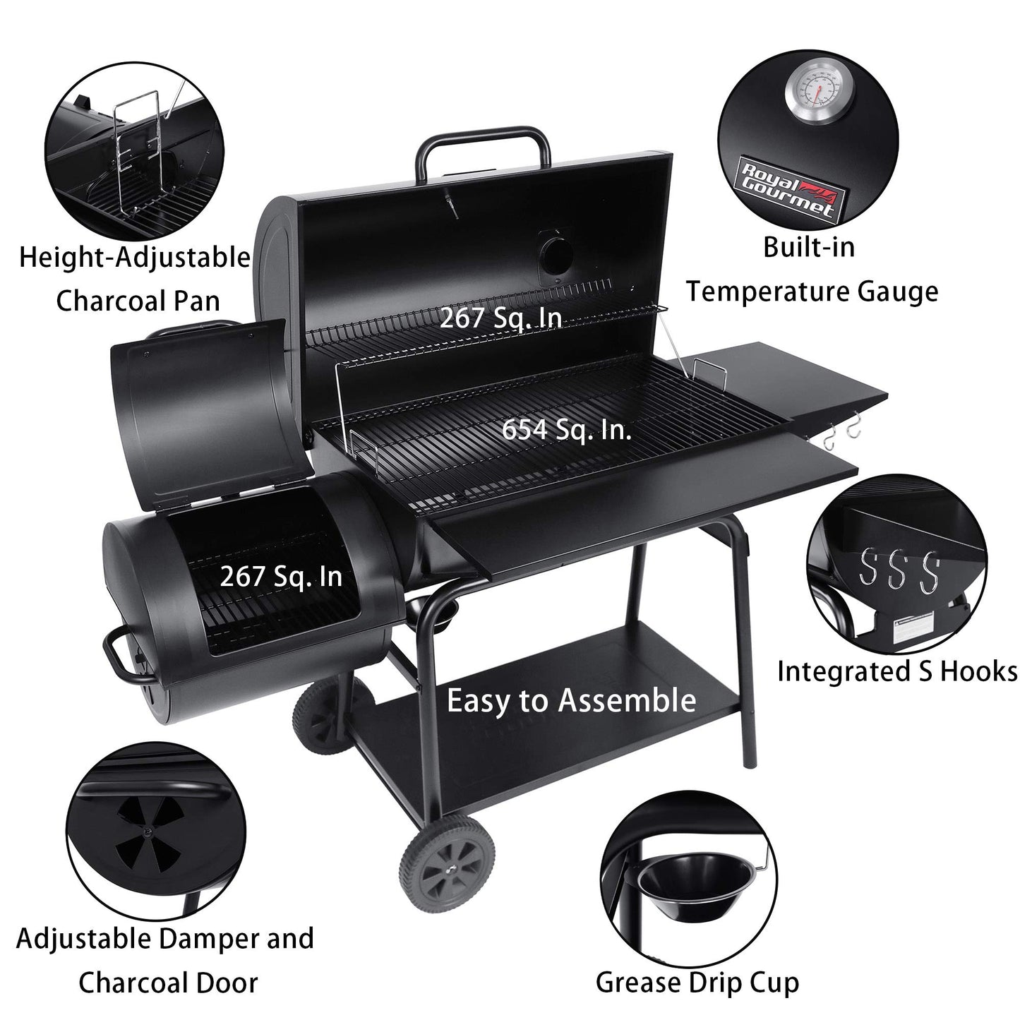 Royal Gourmet CC2036F Barrel Charcoal Grill with Offset Smoker, Outdoor Smoker with 1200 Sq. In. Cooking Area for Outdoor Barbecue Event , Black