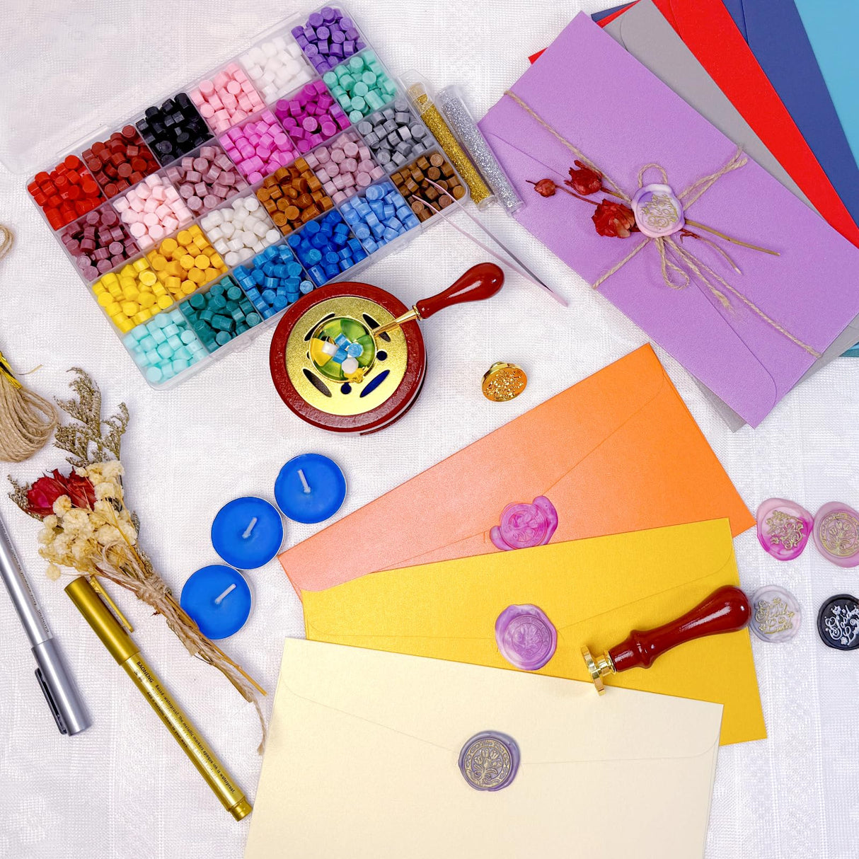 Wax Seal Kit, 24 Colors Sealing Beads, 2 Pcs Stamp,Sealing Wax Warmer, Metallic Pen, Envelope,Dried Flower,Candles for Wedding Birthday Gift and DIY Craft Xitalia