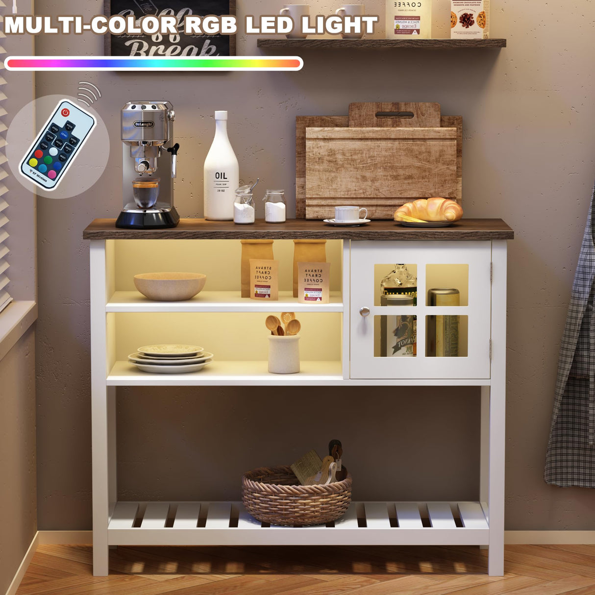 ChooChoo Farmhouse Coffee Bar Cabinet with LED, Buffet Cabinet with Storage, Sideboard Buffet Cabinet with Glass Door, Console Table for Kitchen, Hallway, Entrance, White ChooChoo