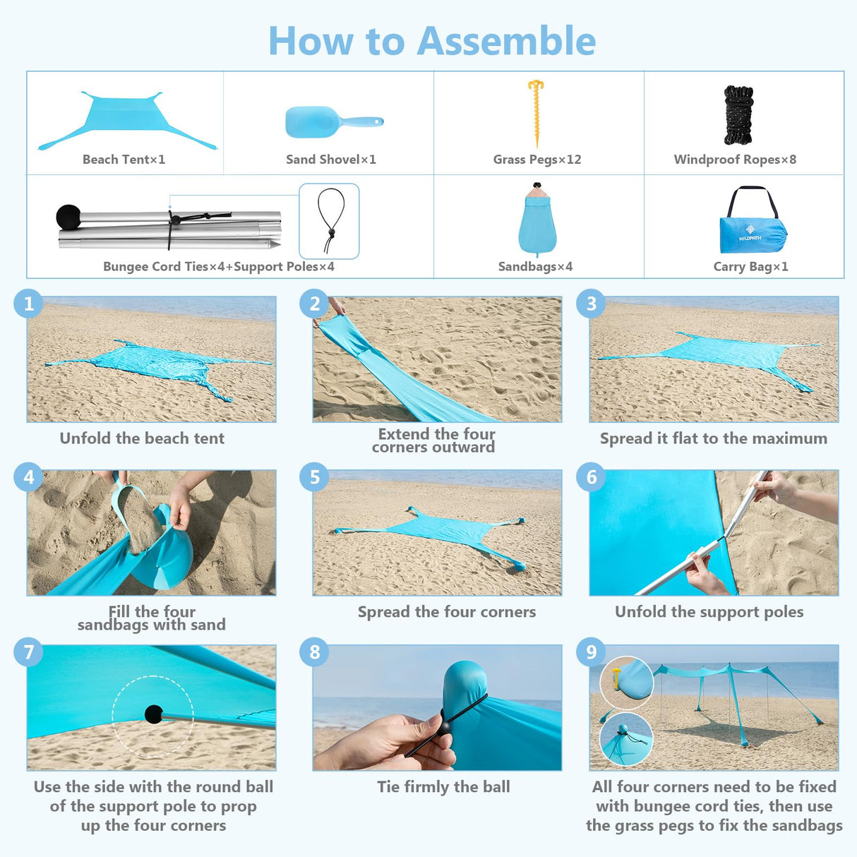 WILDPATH Beach Tent Sun Shelter 10 x 10FT, UPF 50+ Protection Beach Shade Canopy with 8 Sandbags, Eazy Up Portable Canopy Tent for Beach, Camping, Fishing, Backyard WILDPATH