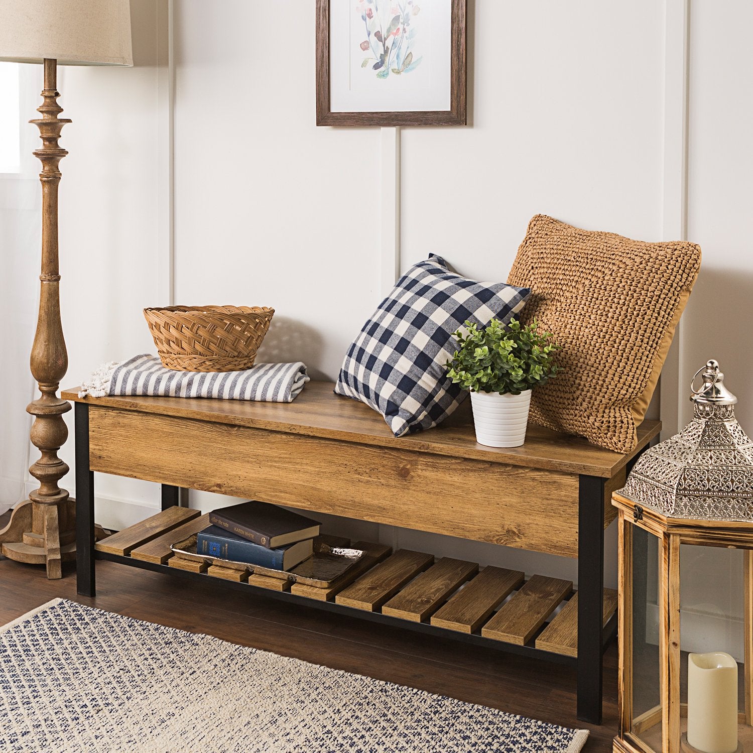 Walker Edison Julian Rustic Farmhouse Lift Top Entry Bench with Bottom Rack, 48 Inch, Barnwood - WoodArtSupply