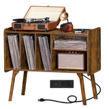 Lerliuo Record Player Stand with Charging Station Holds Up to 220 Albums, Brown Turntable Stand with 4 Cabinet, Large Mid-Century Record Player Table,Vinyl Holder Storage for Bedroom Living Room Lerliuo