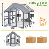Catio Outdoor Cat Enclosure, 53.5ft² Extra Large Wooden Cat Catio Outdoor Cat House with Weatherproof Roof, Walk-in Doors with Lock, Window Access, 110" L x 71" W x 74" H, Grey Nyeekoy