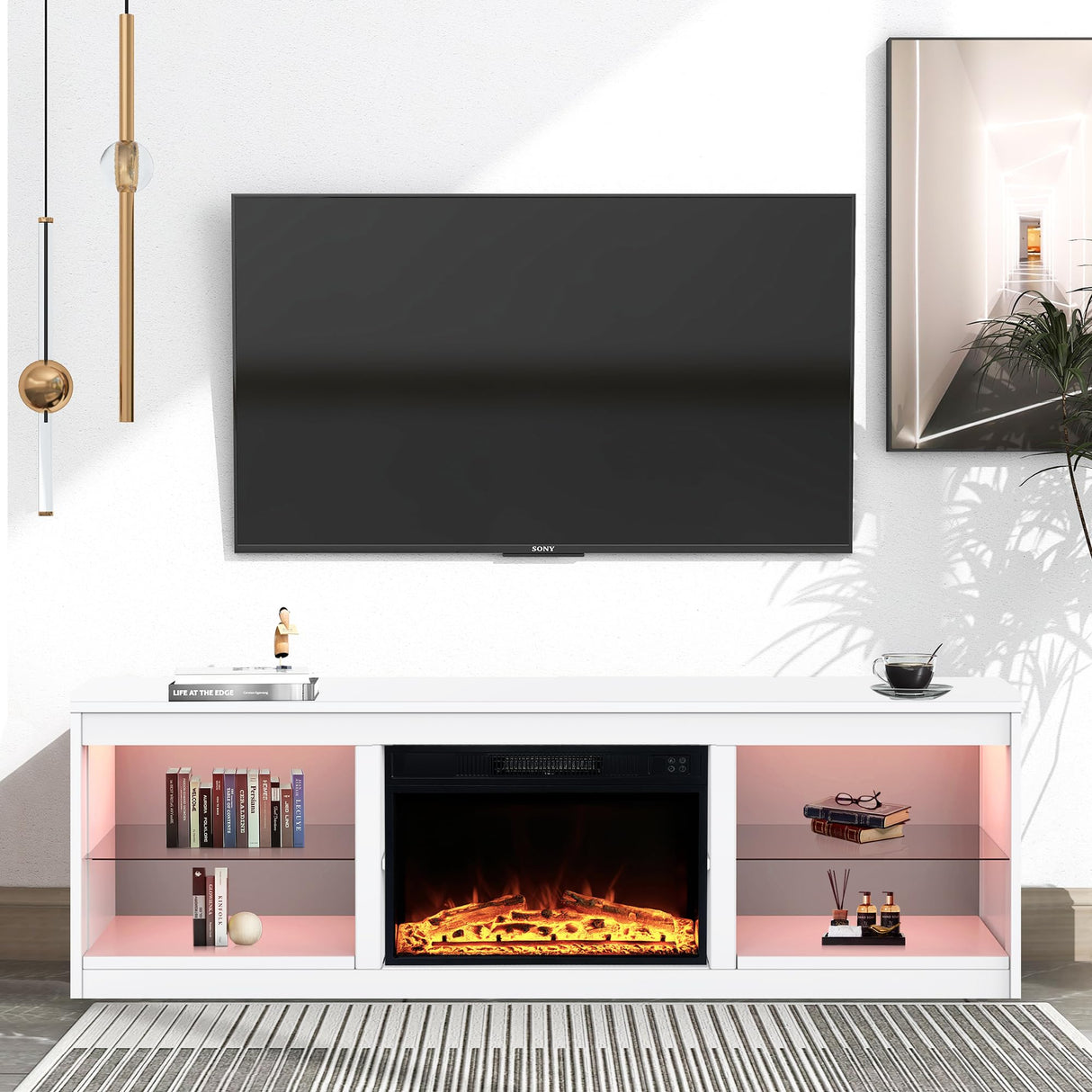 COMEFFIE 66 inch Electric Fireplace TV Stand up to 75'' TV-Entertainment Center with 24'' Fireplace and Led Light-TV Console with Adjustable Glass Shelves, Remote Control (Black with Fireplace) COMEFFIE