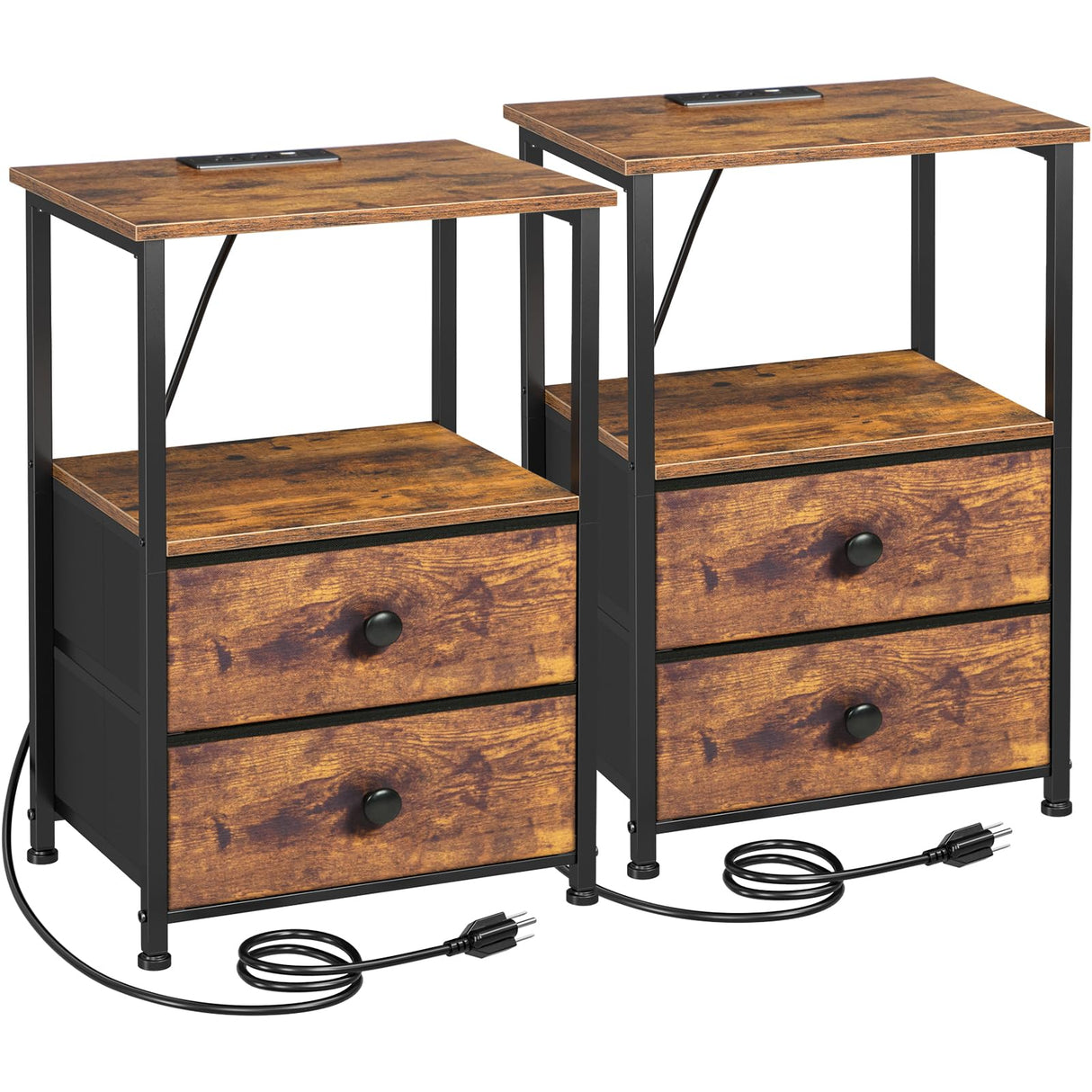 LOAKEKEL Night Stand Set 2, Nightstand with Charging Station, End Tables with Storage Shelf for Small Spaces, Bedside Table Side Tables with 2 Fabric Drawers for Bedroom, Rustic Brown, HETS020PBR LOAKEKEL