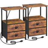 LOAKEKEL Night Stand Set 2, Nightstand with Charging Station, End Tables with Storage Shelf for Small Spaces, Bedside Table Side Tables with 2 Fabric Drawers for Bedroom, Rustic Brown, HETS020PBR LOAKEKEL
