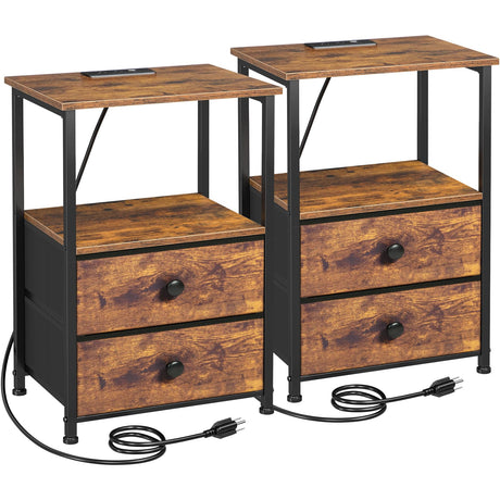 LOAKEKEL Night Stand Set 2, Nightstand with Charging Station, End Tables with Storage Shelf for Small Spaces, Bedside Table Side Tables with 2 Fabric Drawers for Bedroom, Rustic Brown, HETS020PBR LOAKEKEL