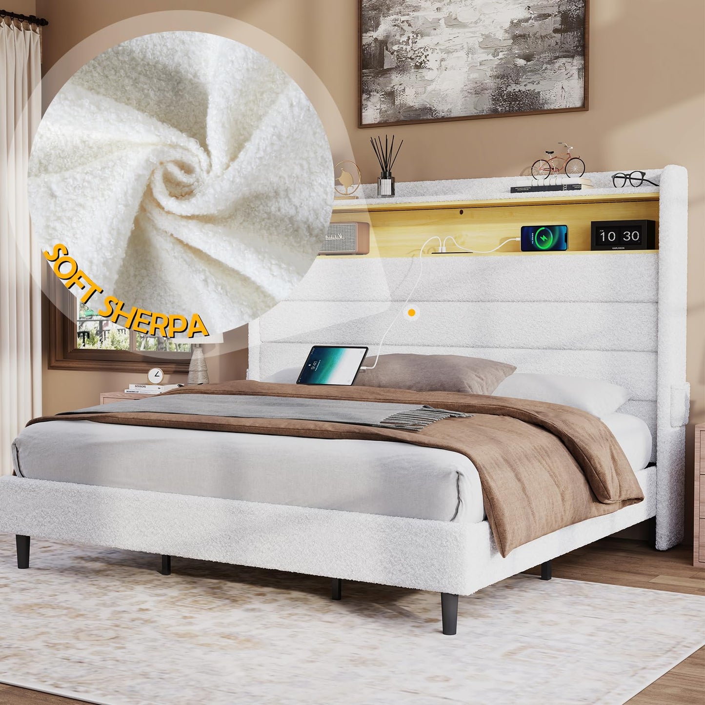 Jocisland Queen Upholstered Bed Frame with LED Lights and Charging Station - Boucle White Wingback Design - WoodArtSupply